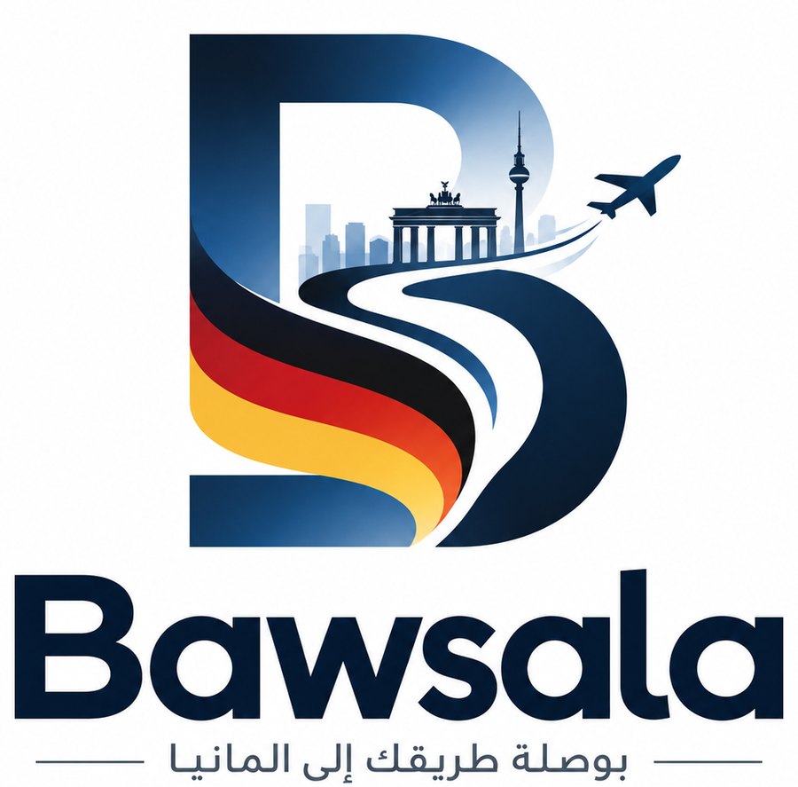 شعار بوصلة: حرف B يتحول إلى طريق بألوان العلم الألماني يصل إلى برلين